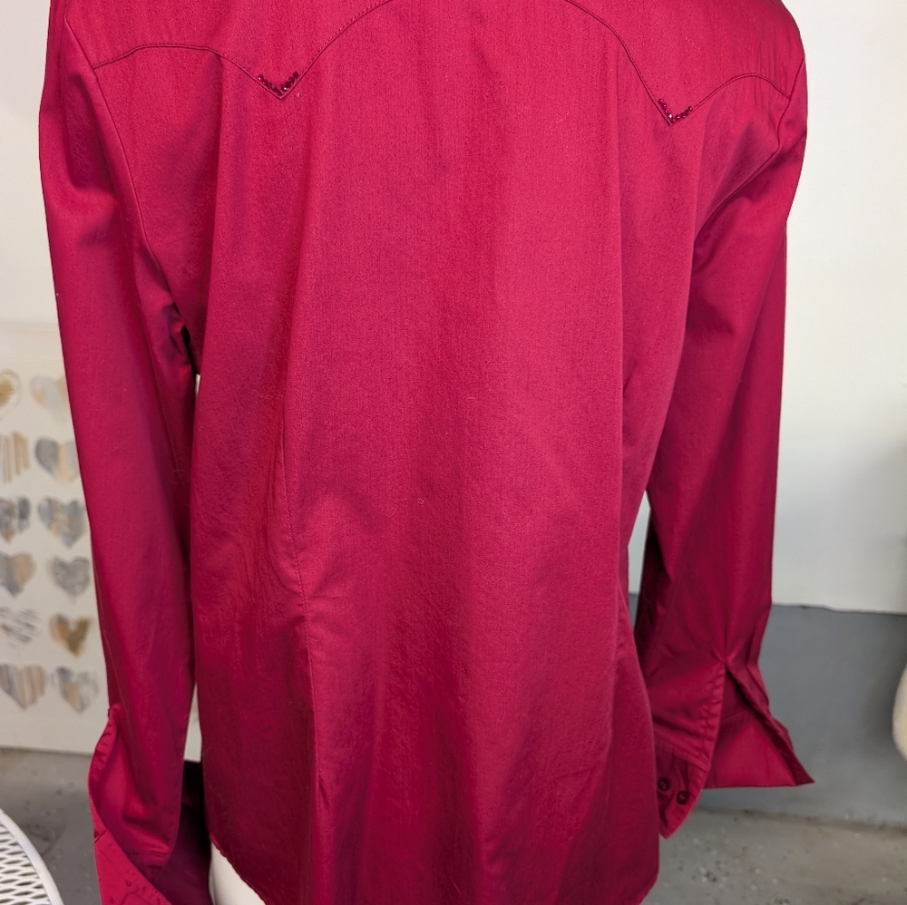 CR RANCHWEAR Long Sleeve Button-Up Shirt in Deep Berry With Tiny Crystal Sz L - Picture 3 of 11
